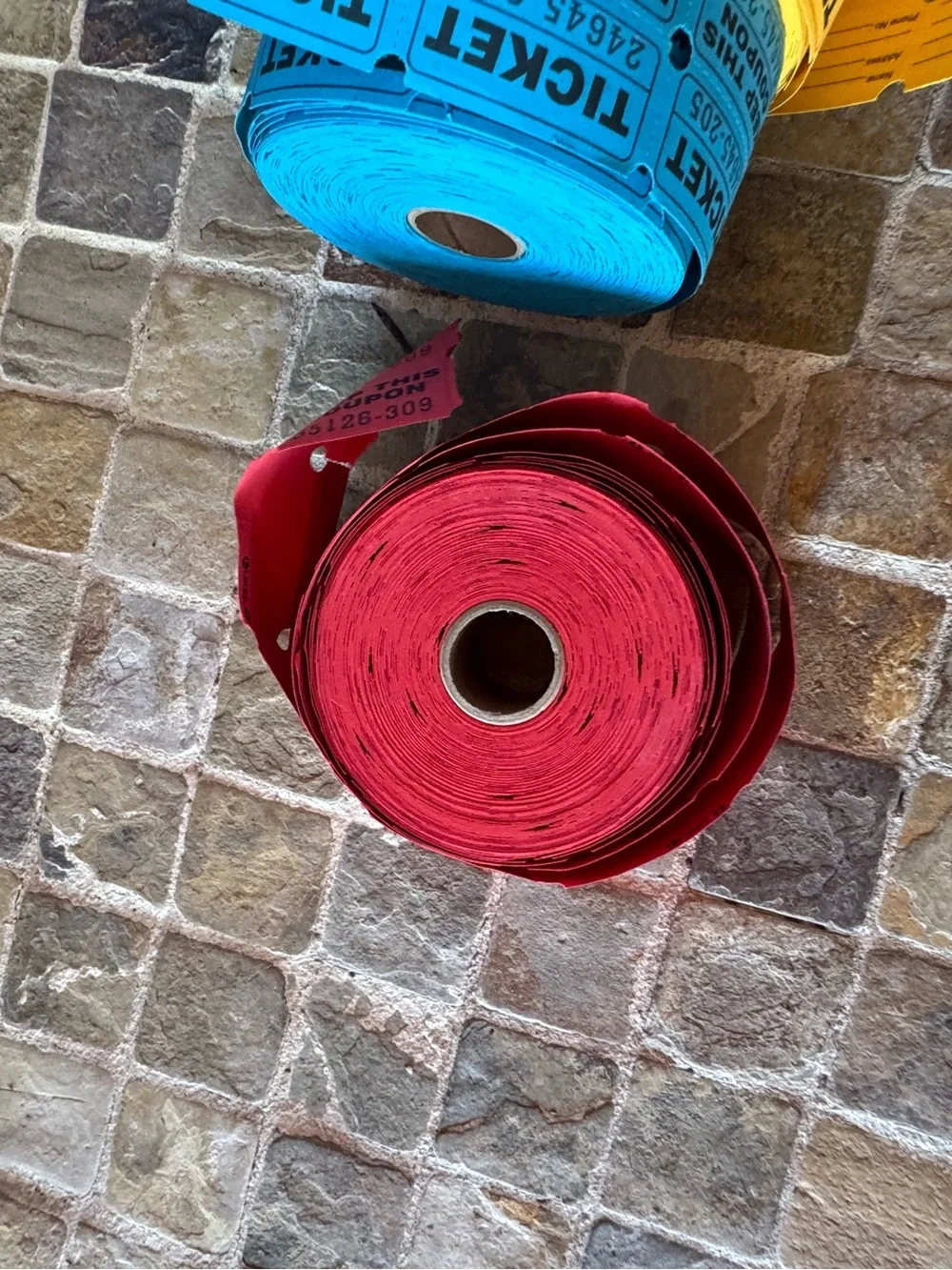 3 rolls of Colorful Party Ticket Rolls - Blue, Red & Yellow